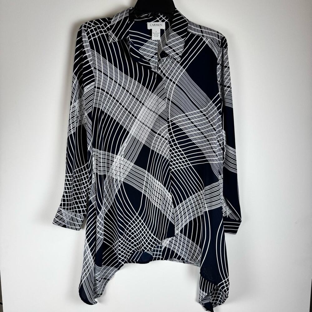 Carmen Marc Valvo Navy and White Button Down Abstract Blouse Uneven Hem ~ Small